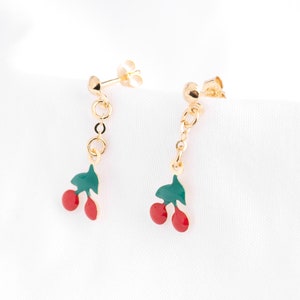 14k Cherry Earrings, Made of Pure 14k Yellow Gold, Push Back Earrings