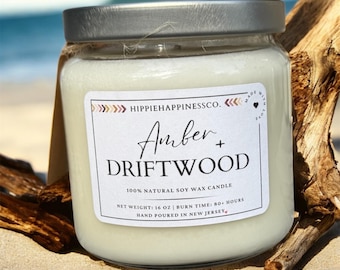Amber and Driftwood All-Natural Soy Wax Candle | Soy Wax Candle | All-Natural Soy Wax Candle | 16 oz Jar | 100% Natural Soy Wax Candle