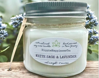 White Sage Lavender Soy Wax Candle | 8 oz Mason Jar | All-Natural Herbal Apothecary Scent