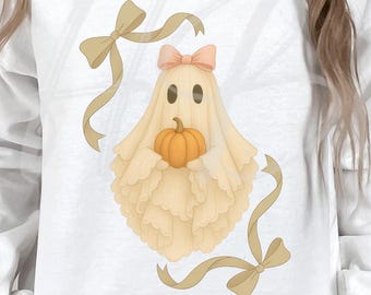 Coquette Bow Ghost SVG, Girly Halloween Pumpkin Shirt Sublimation PNG (Digital Download)