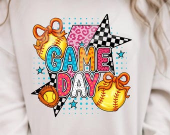 Softbalwedstrijddag SVG PNG, meisjesachtige softbalstrik, kleurrijk softbalshirtontwerp