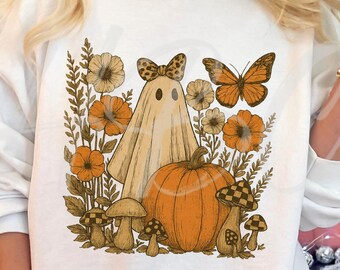 Retro Boho Floral Ghost Pumpkin Halloween PNG, Spooky Season Svg (Digital Download)