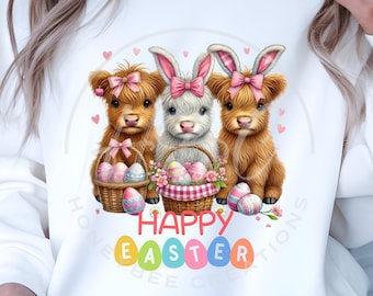 Happy Easter Highland Cows Png, Western Png, Bunny Ears Png, Easter Sublimation Png, Easter Clipart, Easter Egg Png, Easter Svg, Kids Easter