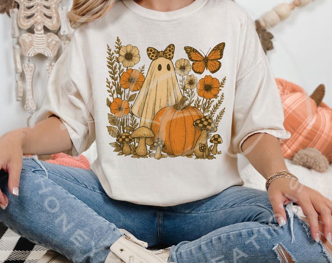 Cute Ghost Png, Boho Vintage Halloween Shirt Svg, Retro Halloween Shirt Png, Pumpkin Svg, Halloween Sweatshirt Png, Sublimation Designs, Boo