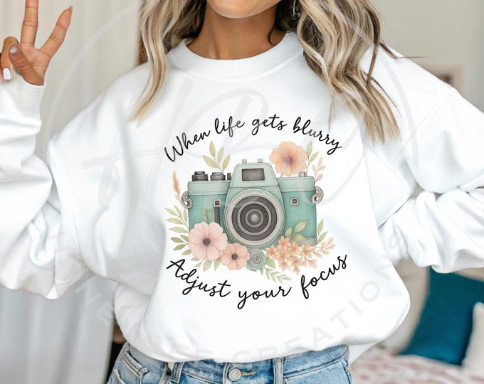 When Life Gets Blurry Adjust Your Focus Png, Blue Vintage Retro Camera Png, motivational Png, Inspirational Svg, Boho Wildflowers Png