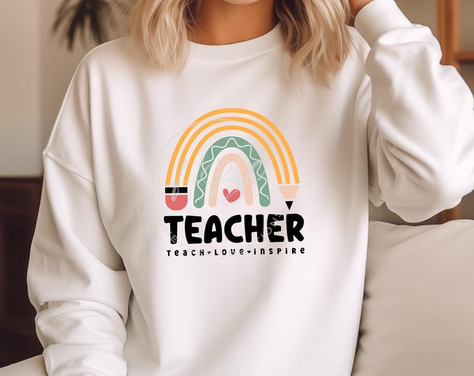 Teacher Shirt Png, School Svg, Teacher Svg, Teacher Appreciation Svg, Teacher Png, School Shirt Svg, Teach Love Inspire , Rainbow Png