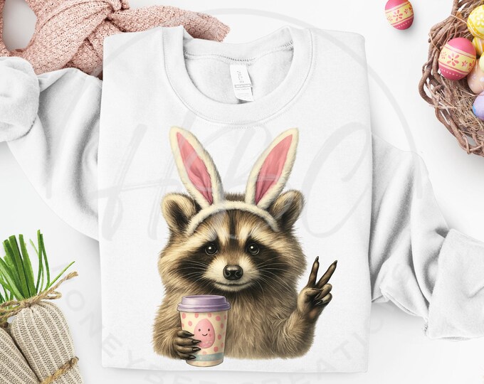 Funny Easter Raccoon Png, Bunny Ears Raccoon Png, Easter Bunny Raccoon Png, Feral Easter Design, Humorous Easter Design, Easter Coffee Cup
