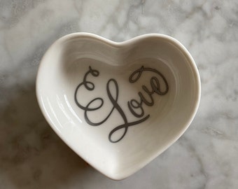 Ceramic heart dish, ring holder, "love" inscription