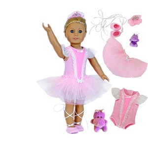 18” Doll Clothes: 5 Pc. BALLERINA- Pink Sparkle Leotard-Tutu Skirt- Slippers-Scrunchy Crown-Plush Hippopotamus Toy- fits