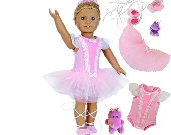18” Doll Clothes: 5 Pc. BALLERINA- Pink Sparkle Leotard-Tutu Skirt- Slippers-Scrunchy Crown-Plush Hippopotamus Toy- fits American girl doll