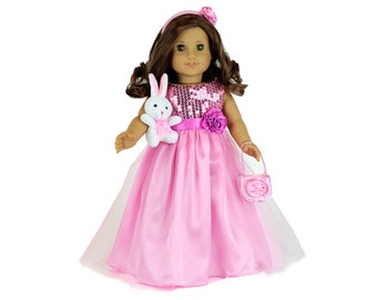 18" doll clothes -18" Doll Easter Dress: 5 pc Pink  dress- Includes Long Dress, Sparkly Slippers, Purse, Head Band, Plush Easter Bunny