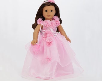18" doll quinceanera dress,3 piece roses princess dress,Includes-cat fur ball,flower headbad,flower long dress,fits American girl dolls