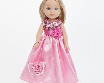 14" Doll Clothes- 2 Piece Pink Easter Long Dress, Includes Pink Dress,Pink Handbag! | Fits American Girl 14" Wellie Wisher Dolls