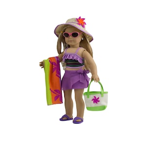 18&quot; doll clothes -18” Doll SWIMSUIT-8 Pc Deluxe Set-Multicolor Swimsuit top/Bottom-Straw hat-Beach Sandals-Beach Bag-Beach Towel-Sun Glasses