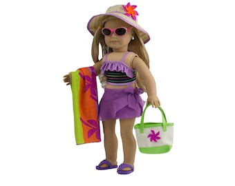 18" doll clothes -18” Doll SWIMSUIT-8 Pc Deluxe Set-Multicolor Swimsuit top/Bottom-Straw hat-Beach Sandals-Beach Bag-Beach Towel-Sun Glasses