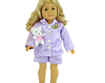 18” Doll Clothes- 18 doll  PAJAMAS 5 Pc. set: Lavender Satin top, Shorts, Teddy Slippers, Plush Teddy Bear toy, Fits AGD