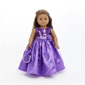 18" Doll Dress: 2 pc Purple Easter dress- Includes Long Dress, handbag- Originals by MangoPeaches- fits American girl dolls