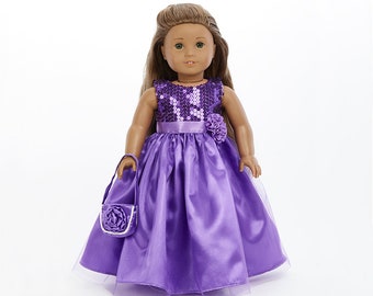 18 "Doll Dress: 2 pc Vestito di Pasqua viola - Include abito lungo, borsa - Originali di MangoPeaches - si adatta alle bambole americane