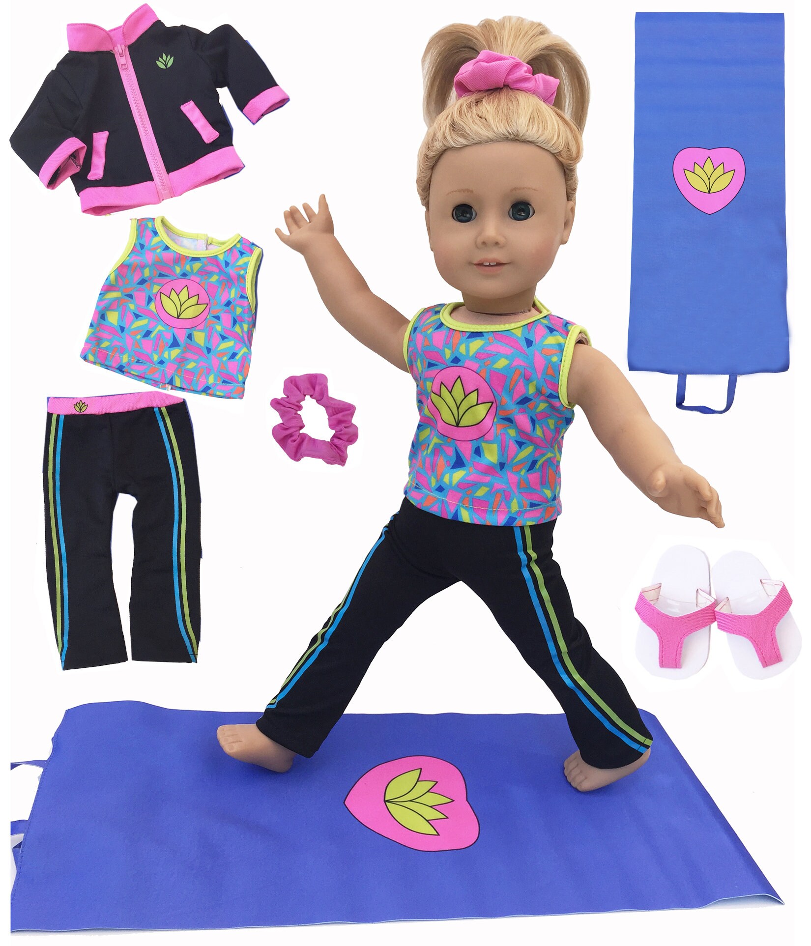 18 Doll Clothes-18 Doll YOGA OUTFIT Fits American Girl Dolls 6 Pc Deluxe  Set yoga Mat Sandals-top-yoga Jacket-yoga Pants-scrunchie 