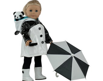 18" Doll Winter PANDA RAINCOAT; 5 pc set, Coat, Leggings, Boots, Working Umbrella, Plush Panda Toy - for 18" dolls like American Girl Dolls