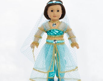 18 inch doll clothes, Jasmin inspired beautiful teal outfit, 5 pieces included, shoes and necklace included, fits Americna Girl Dolls