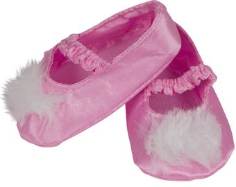 18" doll clothes- 18" doll SLIPPERS Pink Satin w White Fuzzy, Doll Shoes for 18" American Girl Doll