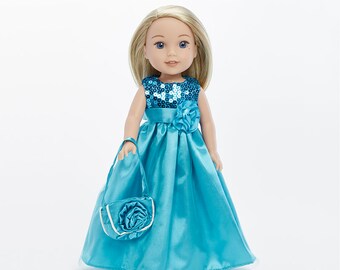 PeachyLittle - 14" Doll Clothes- |2 Piece Teal Long Dress,Includes Teal Dress,Teal Handbag! | Fits American Girl 14" Wellie Wisher Dolls