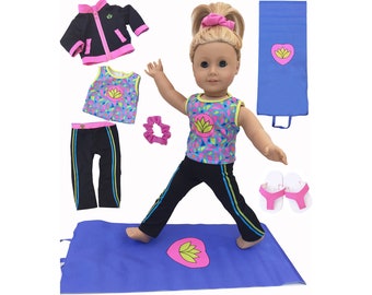 18” Doll  clothes-18" doll YOGA OUTFIT fits American Girl Dolls -6 Pc Deluxe Set -Yoga Mat- Sandals-Top-Yoga Jacket-Yoga Pants-Scrunchie