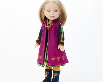 fits 14" doll clothes Princess Anna inspired by Frozen 2, Incl. cape, dress, belt, leggings, boots- all embroidered