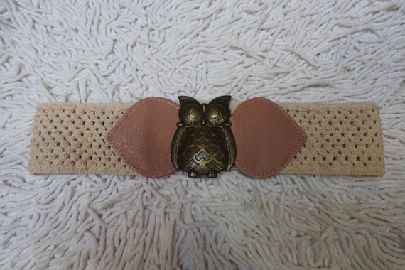 Vintage Brass Owl Buckle Belt ~ Stretchable ~knit ~faux  display picture 3
