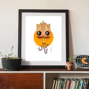 May include: A framed illustration of a cartoon character with a wooden box head, large eyes, and a yellow dress. The character has four long, thin legs and is standing on a yellow circle. The background is white.