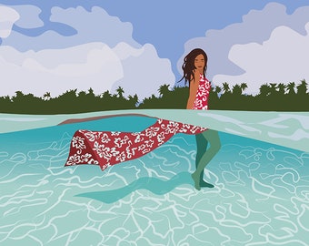 Tropical Island Girl Underwater Digital Illustration Fine Art Print