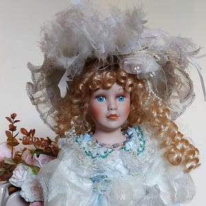 Vintage Stand Porcelain Blue Dress Doll/ Collectible Doll/Gift