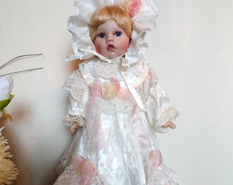 Vintage Baby Jane Homeart Porcelain Doll in Long Lace Dress, Collectible Doll