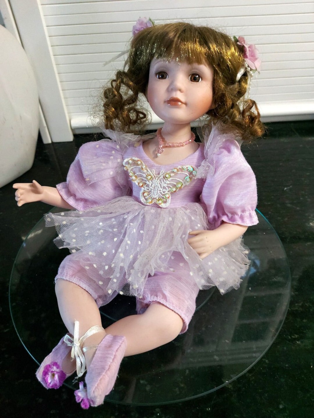 porcelain doll with purple dress Vintage Fairy Sitting in Dress, Collectible Doll Porcelain Doll Purple Velvet Dress
