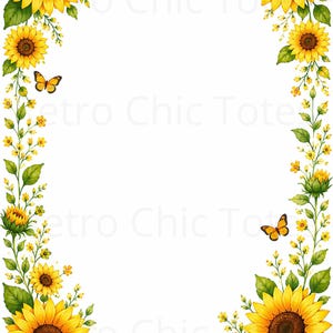 May include: A rectangular border design featuring vibrant yellow sunflowers, green leaves, and small yellow wildflowers. Several orange and black monarch butterflies are positioned among the flowers. The text Retro Chic Tote is visible.