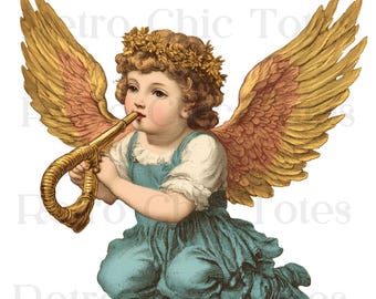 Vintage Angel PNG, Cherub Playing Horn, Victorian Angel Clipart, Antique Angel Illustration, Christmas Angel PNG, Digital Angel Art
