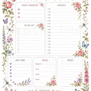 Könnte beinhalten: Eine Tagesplaner-Seite mit einem Blumenrand aus rosa Rosen, Lavendel und Wildblumen. Kolibris, Schmetterlinge und Libellen sind abgebildet. Die Abschnitte umfassen Prioritäten, Zeitplan von 6 bis 21 Uhr, Aufgabenliste, Selbstfürsorge, Mahlzeiten, Notizen und Dankbarkeit.