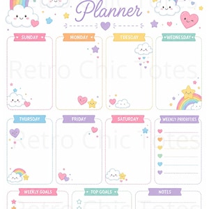 May include: A weekly planner sheet featuring the text Weekly Planner at the top. The design includes pastel-colored rainbows, smiling clouds, hearts, and stars. It has sections for each day of the week, weekly priorities, weekly goals, top goals, and notes.