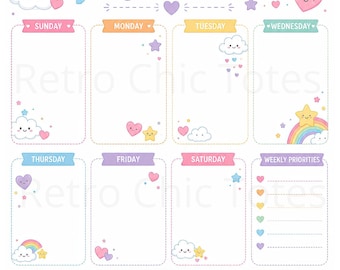 May include: A weekly planner sheet featuring the text Weekly Planner at the top. The design includes pastel-coloured rainbows, smiling clouds, hearts, and stars. It has sections for each day of the week, weekly priorities, weekly goals, top goals, and notes.