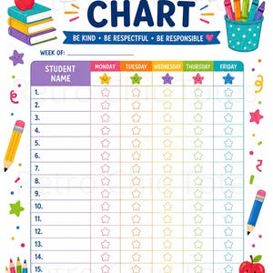 May include: A colorful behavior chart featuring the text BEHAVIOR CHART, BE KIND, BE RESPECTFUL, BE RESPONSIBLE, GREAT JOB, KEEP UP THE AMAZING WORK, and PROUD OF YOU. It includes a grid for student names, days of the week, and star icons.