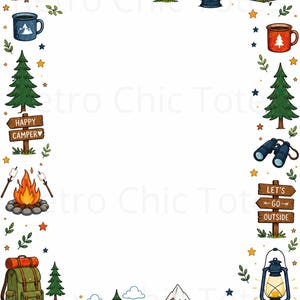 May include: A rectangular border illustration featuring camping elements including mountains, pine trees, tents, campfires, lanterns, binoculars, backpacks, and wooden signs with text reading ADVENTURE, EXPLORE, RELAX, HAPPY CAMPER, and LET'S GO OUTSIDE.