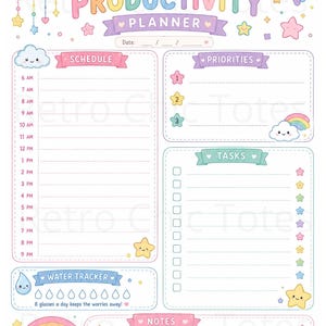 Niedliches Produktiätsplaner druckbares PDF, Regenbogen Tagesplaner, Kawaii Terminplaner, Aufgabenplaner, A4 Sofort-Download