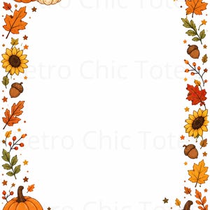 May include: A rectangular border illustration featuring autumn elements including orange and white pumpkins, yellow sunflowers, brown acorns, red and orange maple leaves, and small berries, surrounding a central white space with faint text.