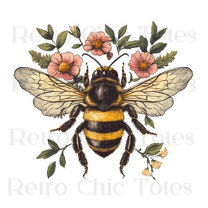 May include: A detailed illustration of a bumblebee with black and yellow stripes, surrounded by pink flowers and green leaves. The bee has its wings spread out, and its eyes are large and black.