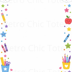 Può includere: Un bordo pagina rettangolare con illustrazioni colorate di arcobaleni, nuvole sorridenti, stelle, cuori e materiale scolastico tra cui una matita, una mela, pastelli, un righello, forbici e un bicchiere giallo con matite su sfondo bianco.