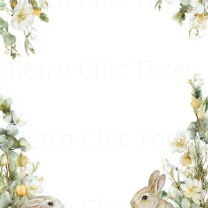 May include: Watercolor illustration featuring two rabbits, chicks, and Easter eggs nestled in greenery and flowers. The image has a white background and is framed by a floral border with white blossoms and green leaves. The overall theme is Easter.