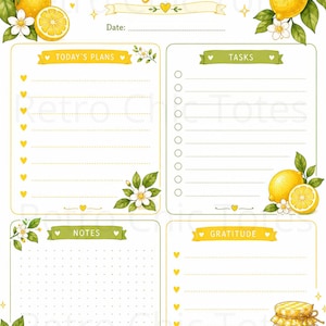Puede incluir: Una p&aacute;gina de planificador diario con ilustraciones de limones amarillos, hojas verdes y flores blancas. El dise&ntilde;o incluye secciones para planes, tareas, notas y gratitud, con un lazo amarillo arriba y un frasco con una etiqueta be happy abajo.