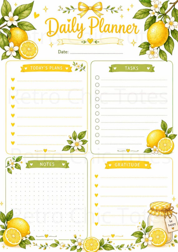 Lemon Daily Planner Printable PDF, Citrus A4 Planner Page, To Do List, Gratitude Journal, Notes Page, Productivity Sheet