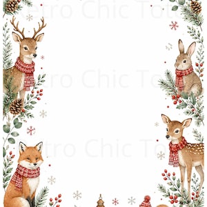 Pode incluir: Uma borda decorativa retangular com ilustrações em aquarela de um cervo, uma raposa, um coelho, um filhote de cervo e um esquilo, todos usando cachecóis vermelhos estampados. A moldura inclui ramos de pinheiro, bagas vermelhas e flocos.